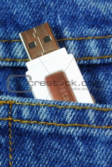 USB flash memory jump drive in a jeans pocket concepts of data mobility