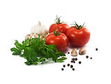 tomatoes, garlic and parsley on white background 