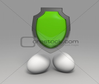 Two eggs are protected by a shield on a white background