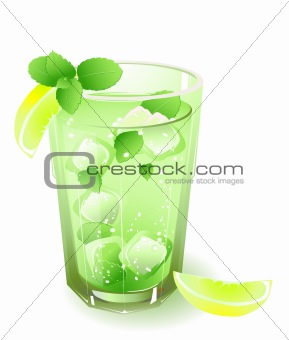 glass with drink and leaves of mint