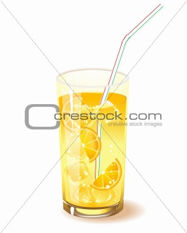 glass with drink, orange and ice