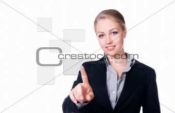 businesswoman pressing a touchscreen button