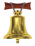 Golden ship's bell suspended on wooden board by silver chain