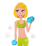 Beautiful fit blond hair woman exercising with two dumbbell weight