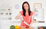 Gorgeous red-haired woman cutting some vegetables in the kitchen