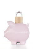 Side view of pink piggy bank and padlock