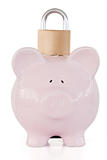 Front view of pink piggy bank and padlock