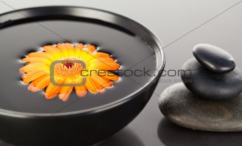 Orange flower floating on a black bowl and a stack of black pebb