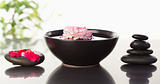 Pink carnation floating in a bowl with petals on a black stone o