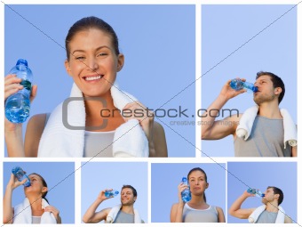 Young couple resting and drinking some water after jogging