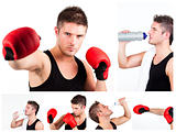 Collage of male boxer while boxing or having a rest