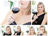 Collage of a beautiful woman holding a glass of red wine in the 