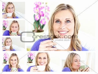 Collage of a young blonde woman drinking a cup of coffee