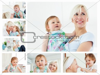 Collage of a blonde woman holding a baby in the living room
