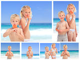 Collage of children eating ice cream on the beach