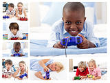Collage of children playing video games