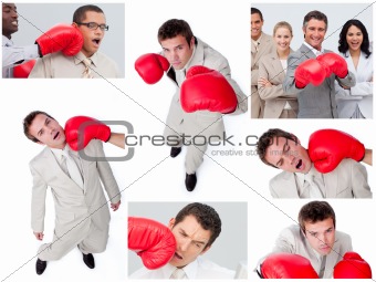 Collage of business people boxing