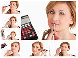 Collage of a young woman getting made up