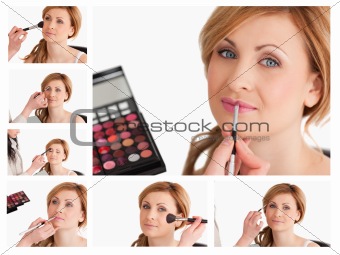 Collage of a young woman getting made up