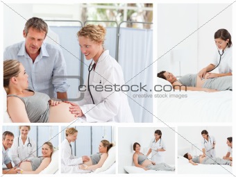 Collage of a pregnant couple with the doctor