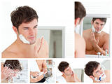 Collage of a young man shaving