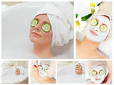 Collage of a woman having a facial care while taking a bath