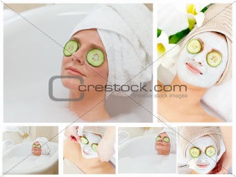 Collage of a woman having a facial care while taking a bath