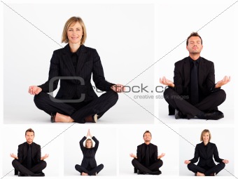 Collage of business people practicing yoga