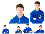 Collage of a young man tinkering