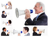 Collage of business people screaming in a megaphone