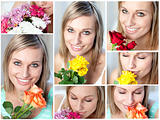 Collage of  a woman with several type of flowers