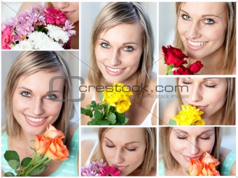 Collage of  a woman with several type of flowers