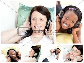 Collage of young women listening to music