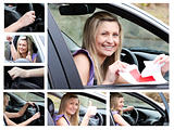 Collage of a young driver in her car