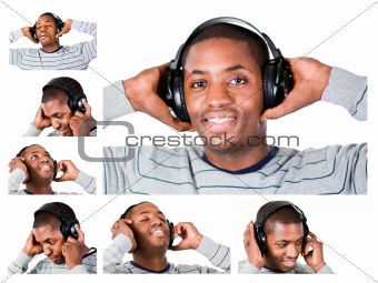 Collage of a young man listining to music