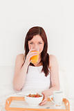 Good looking red-haired female drinking a glass of orange juice 