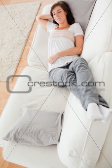 Young beautiful female having a rest while lying on a sofa