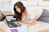 Young beautiful woman relaxing with her laptop while writing on 