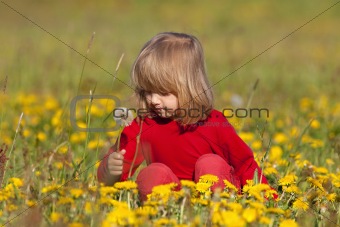 boy with long blond hair picking dandelions in a spring field
