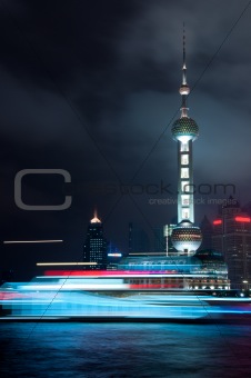 Motion Moving boat with Oriental Pearl Tower
