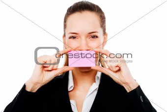 Young businesswoman holding sheets of paper on white background studio