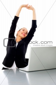 tired young businesswoman with laptop on white background studio