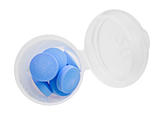 Blue pills and pill bottle on white  background