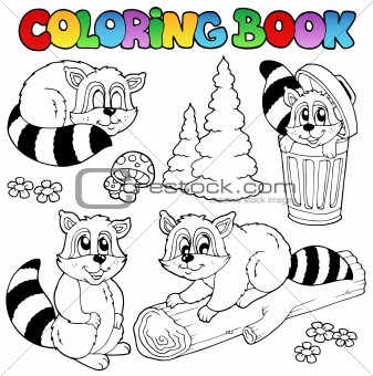 Coloring book with cute raccoons