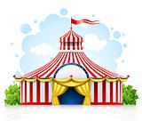 striped strolling circus marquee tent with flag