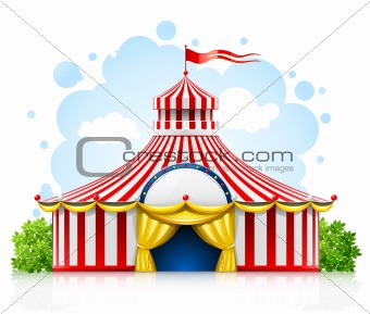 striped strolling circus marquee tent with flag