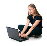 Cute woman hold laptop