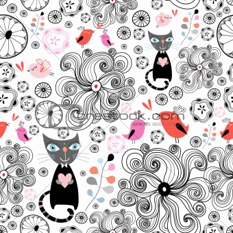 floral pattern with black cats and birds