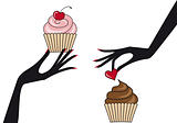 hands with cupcakes, vector