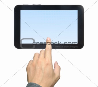hand pressing touch pad PC isolated on white background